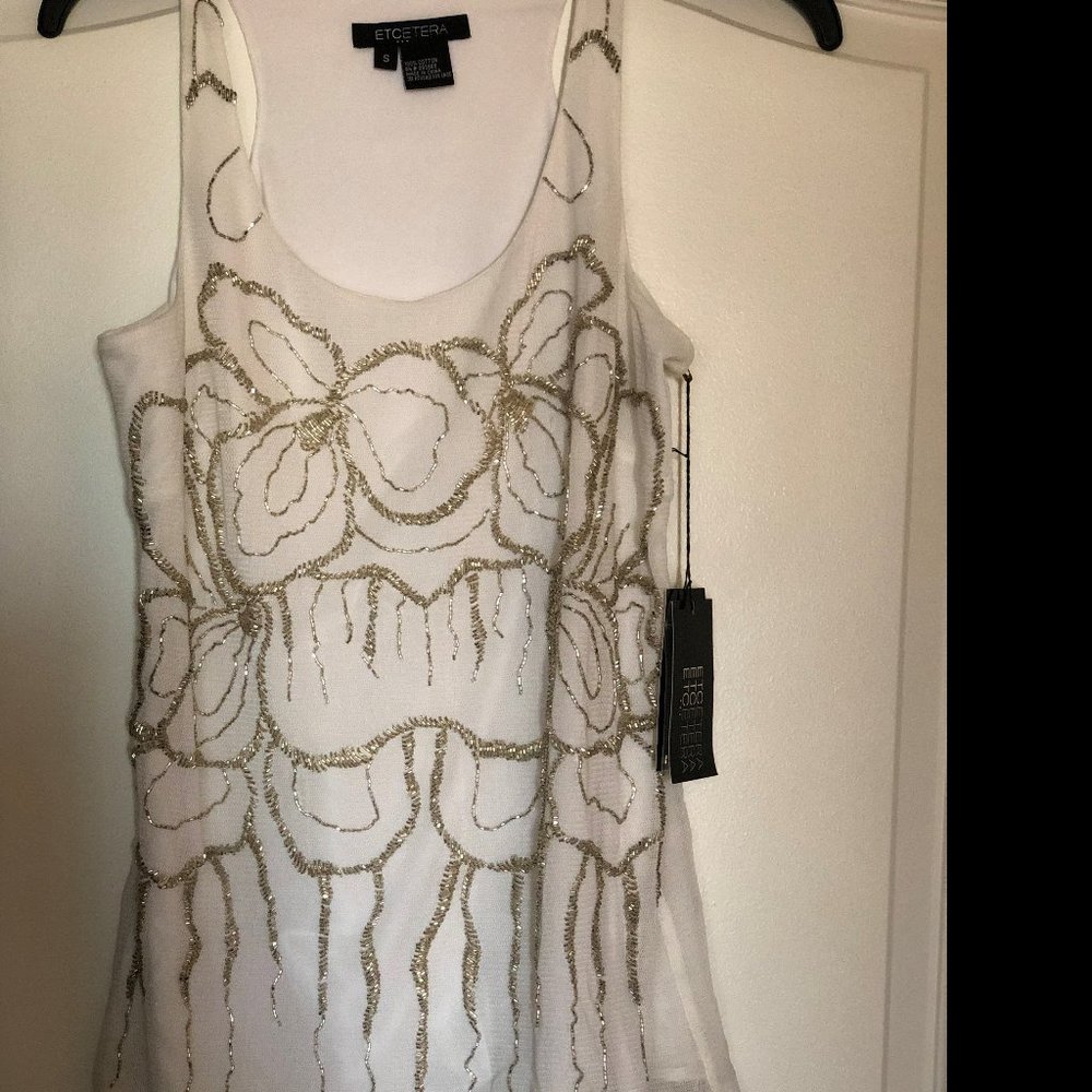 White Stretch Silver Beaded Tank Top